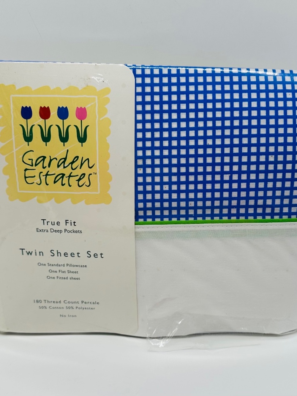 VTG 1998 Garden Estates Twin Sheet Set Blue White Floral & Gingham Jessica Plaid